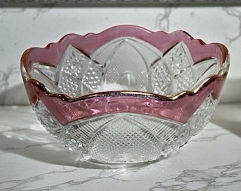 Vintage Pink Flashed Glass Candy Bowl Scalloped Rim Pressed Glass Gold Trim