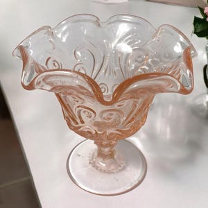 Vtg Imperial Glass Bowl Atterbury Scroll Crimped Tall Compote Ruffle Pedestal