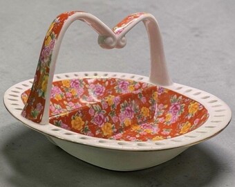 VTG Jay & Sons Divided Basket Dish Red Floral Chintz Ceramic Handle 9