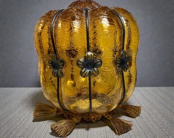 VTG Mid Century Amber Crackle Glas Hängelampenschirm w / Quaste MCM Boho