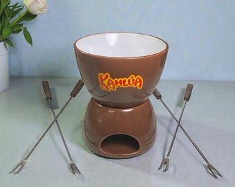 Mini olla de fondue de cerámica Kahlúa vintage - Fundidor de chocolate con 4 tenedores