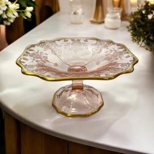 VTG Cambridge Blown Pink Depression Glass Wildflower Compote Dish Gold Trim MCM