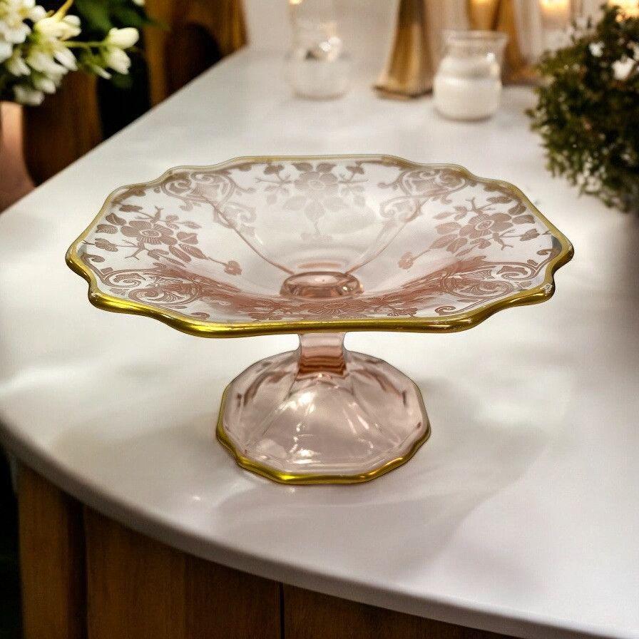 VTG Cambridge Blown Pink Depression Glass Wildflower Compote Dish