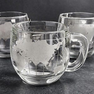 Juego de 3 tazas de café de cristal vintage Nestlé con mapa del mundo y globo terráqueo grabado, fabricadas en Japón.