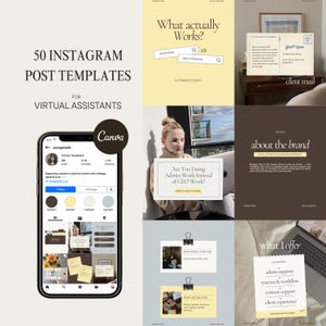 May include: An image showcasing 50 Instagram post templates for virtual assistants. The design includes a smartphone with a social media profile, various layouts, and the Canva logo.