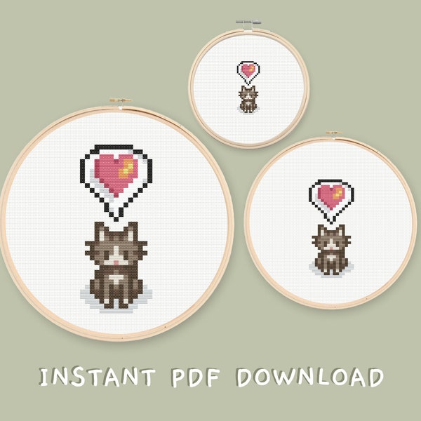 Stardew Valley - Cat Heart Cross Stitch Pattern Set - Multiple Sizes sm, md, lg - Instant Download