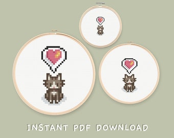 Stardew Valley - Cat Heart Cross Stitch Pattern Set - Multiple Sizes sm, md, lg - Instant Download