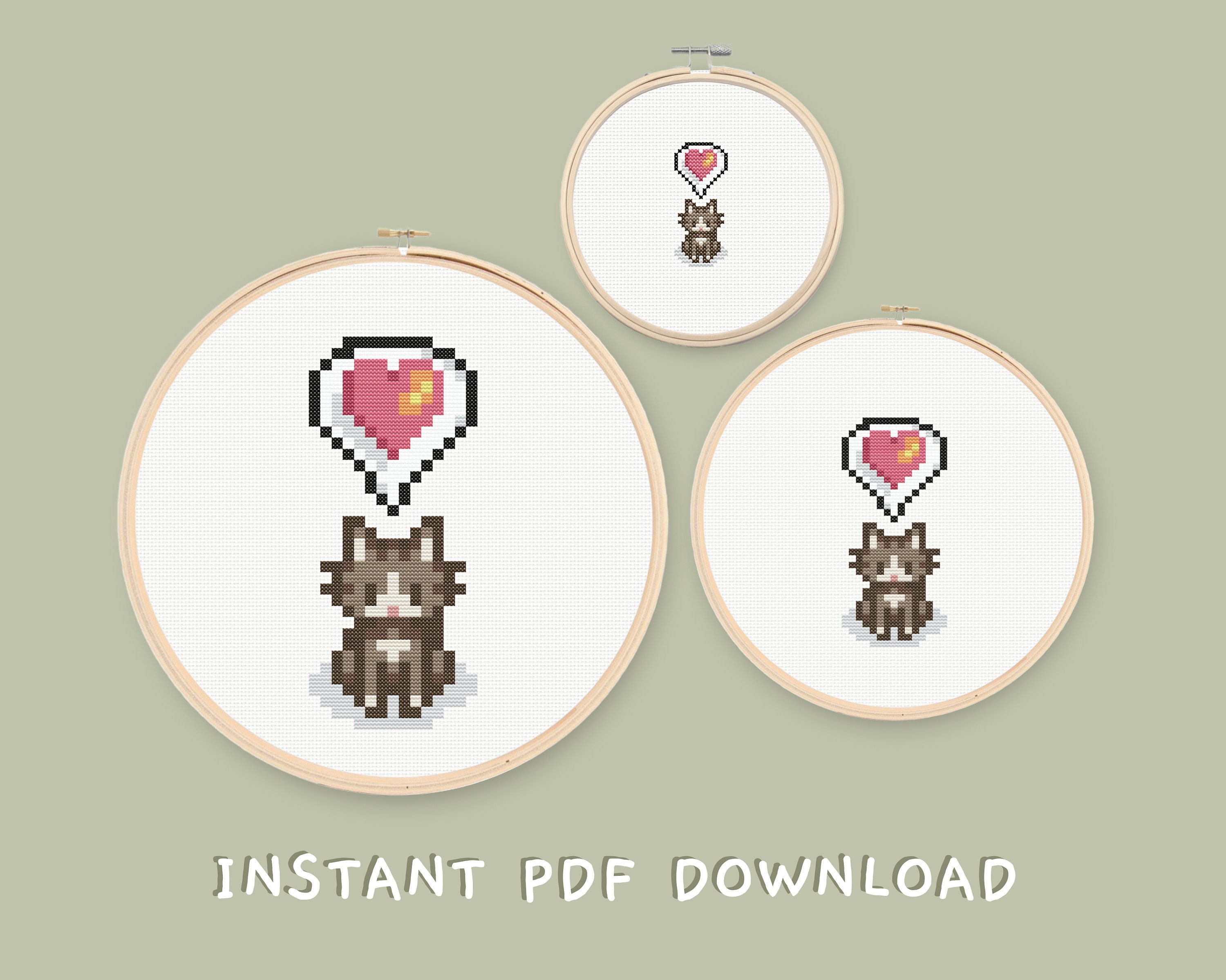 Stardew Valley Cat Heart Cross Stitch Pattern Set Multiple Sizes Sm, Md
