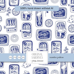 May include: A seamless pattern featuring hand-drawn illustrations of sardines in blue on a white background. The design includes various sardine can shapes, fish, lemon slices, and the text "ORIGINAL SARDINES" and "100% hand drawn without AI".