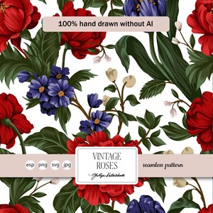 Puede incluir: Un patrón floral sin costuras con rosas rojas y flores azules, sobre un fondo blanco con follaje verde. El diseño incluye el texto "VINTAGE ROSES" y "100% hand drawn without AI".