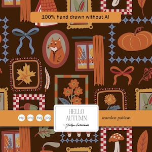 May include: A seamless pattern with autumn-themed illustrations. The design features framed images of a fox, maple leaf, and flowers, along with pumpkins, bows, and a house. The text "HELLO AUTUMN" is displayed on a white rectangle.