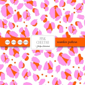 May include: A seamless pattern design featuring pink and orange cheetah print spots on a white background. The design includes the text "Pink Cheetah" and "seamless pattern". The image also includes file type icons.