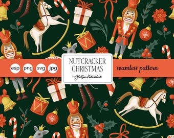 Può includere: Un motivo natalizio senza cuciture con schiaccianoci, cavalli a dondolo, regali confezionati, bastoncini di zucchero e ornamenti su sfondo verde scuro. Il design include il testo "NUTCRACKER CHRISTMAS" e "seamless pattern".