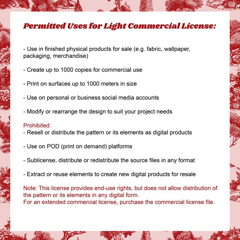 Pu&ograve; includere: Un documento bianco con testo rosso intitolato Permitted Uses for Light Commercial License. Elenca i diritti di utilizzo per prodotti fisici, social media e modifiche, vietando al contempo la rivendita digitale e la distribuzione.