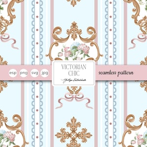 Könnte beinhalten: Ein nahtloses Muster im Victorian Chic-Design. Das Muster zeigt hellblaue und rosa vertikale Streifen, verzierte goldene Rahmen, rosa Schleifen und florale Akzente. Der Text "VICTORIAN CHIC" wird auf einem weißen Rechteck angezeigt.