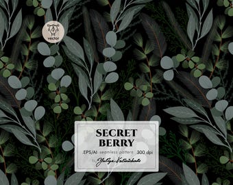 May include: A seamless pattern featuring a botanical design with various green and gray leaves and sprigs on a black background. The text "SECRET BERRY" is displayed in a white rectangle.