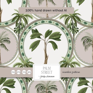 May include: Seamless pattern featuring palm trees and tropical foliage in a repeating design. The design includes a central palm tree within a decorative circular frame, with the text "PALM STREET" and "seamless pattern". The background is a soft beige.