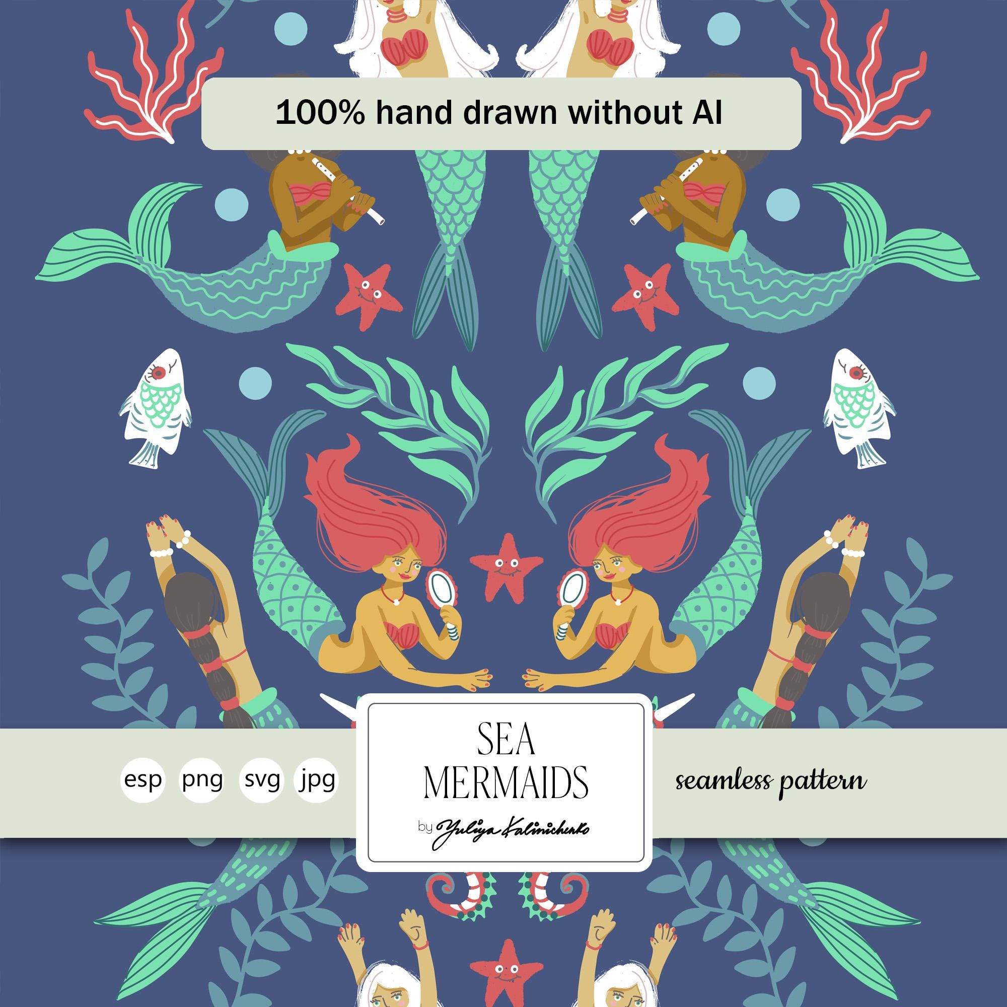Mermaid Pattern Vector Mermaid Nautical Pink Seamless Pattern: Floral SVG Vector (light ...