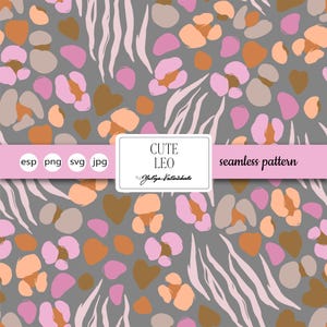 May include: Seamless pattern with a gray background featuring abstract shapes in pink, peach, brown, and white. The design includes leopard spots, heart shapes, and zebra stripes. The text "CUTE LEO" and "seamless pattern" are also present.