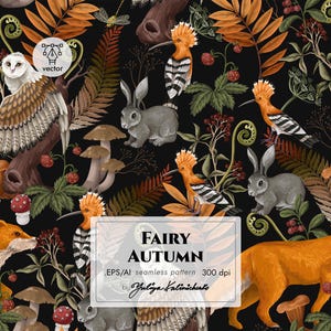 May include: A seamless pattern featuring woodland creatures and autumn foliage on a black background. The design includes owls, foxes, rabbits, mushrooms, and birds. The text "FAIRY AUTUMN" is displayed in a rectangular frame.
