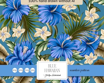 Patrón tropical azul hawaiano sin costuras. SVG. Vector. Licencia comercial ligera.