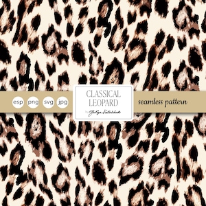 May include: A seamless pattern featuring a classic leopard print design. The pattern includes black and brown spots on a cream background. The image also includes the text "CLASSICAL LEOPARD" and "seamless pattern".