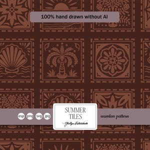 Puede incluir: Patrón sin costuras de baldosas cuadradas marrones, cada una con ilustraciones dibujadas a mano de conchas marinas, palmeras y motivos florales. Se incluye el texto "SUMMER TILES" y "seamless pattern". El diseño es dibujado a mano.