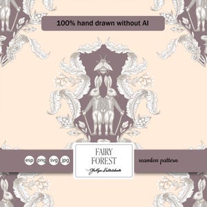 Może przedstawiać: Bezszwowy wzór w stylu vintage z królikami, owadami i liśćmi. Tekst zawiera "FAIRY FOREST" i "100% hand drawn without AI". Paleta kolorów jest miękka, z beżowymi i stonowanymi brązowymi odcieniami.