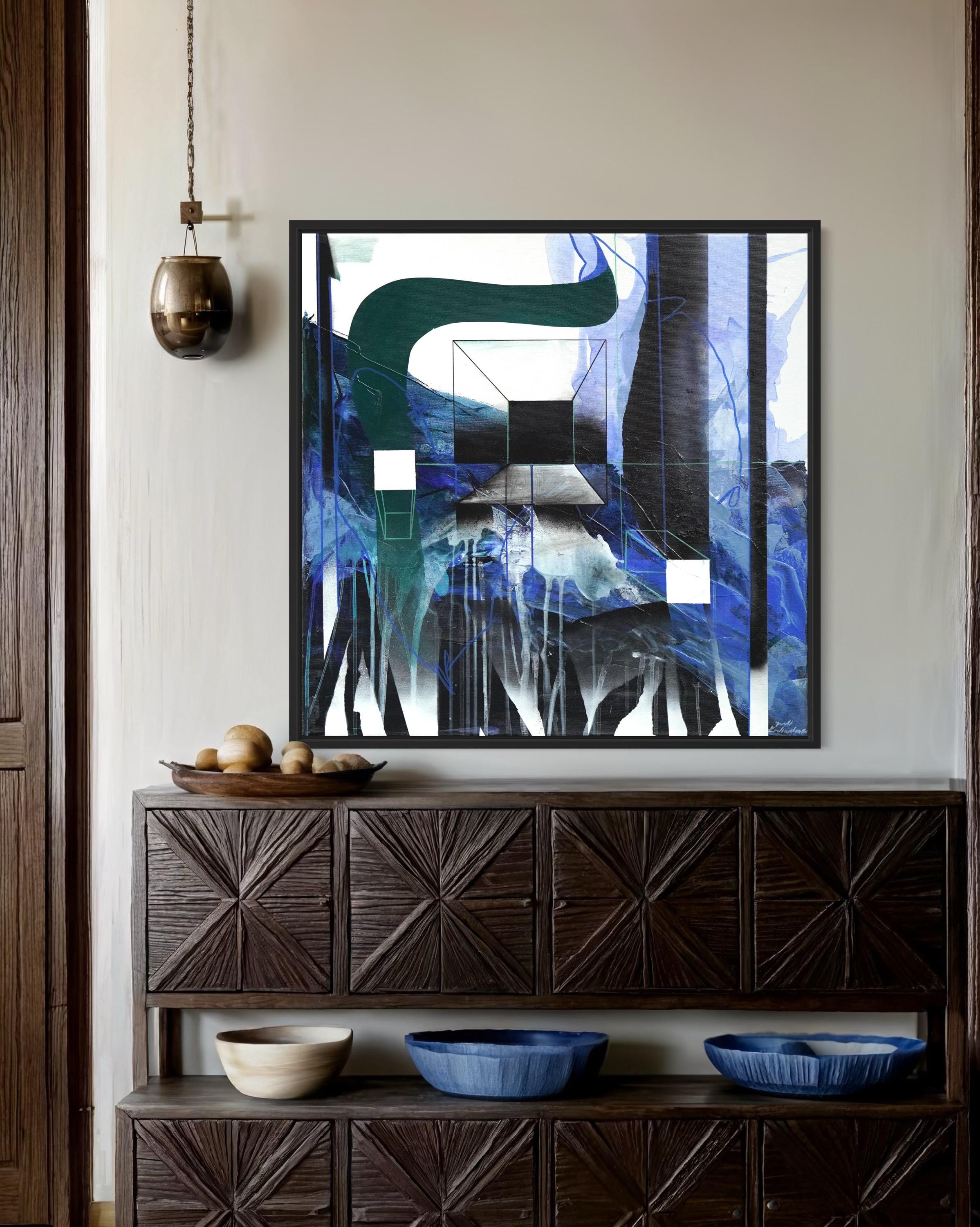 青い抽象アクリル画：幾何学的自然と構造 - 60 x 60 cm - Etsy 日本