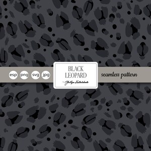 May include: A seamless pattern featuring a dark gray leopard print design. The pattern includes black and gray spots and shapes. The text "BLACK LEOPARD" is displayed on a white rectangle, with the words "seamless pattern" on a gray banner.