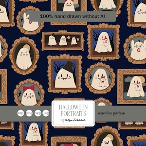May include: A seamless pattern featuring cartoon ghost portraits in ornate frames against a dark blue background. The ghosts have various expressions and accessories, including bow ties and hats. The text "100% hand drawn without AI" is visible.