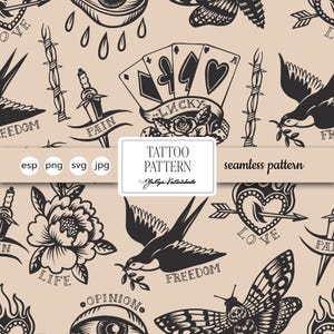 Puede incluir: Patrón de tatuaje sin costuras en negro y beige. El diseño presenta motivos clásicos de tatuaje como naipes, dagas, golondrinas, rosas y mariposas. El texto incluye "PAIN", "LIFE", "FREEDOM" y "LUCKY". El patrón está etiquetado como "TATTOO PATTERN" por Yuliya Kalinichenko.