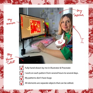 Pu&ograve; includere: Uno spazio di lavoro con un monitor che mostra un'illustrazione digitale rossa, una tastiera rosa, una tavoletta Wacom con stilo e una persona. Le annotazioni includono 'my workspace', 'my sketches', 'I', 'Hi!' e un elenco di quattro punti spuntati.