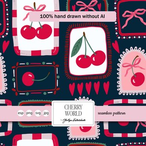 May include: Seamless pattern featuring red cherries, pink bows, and hearts on a dark blue background. The design includes framed cherry illustrations and the text "CHERRY WORLD" and "100% hand drawn without AI".