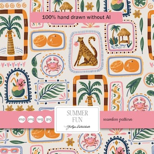 Może przedstawiać: Bezszwowy wzór o tematyce letniej. Projekt zawiera ręcznie rysowane ilustracje palm, pomarańczy, krabów i lamparta. Tekst "SUMMER FUN" jest zawarty w projekcie. Wzór jest w odcieniach beżu, pomarańczu, niebieskiego i zielonego.