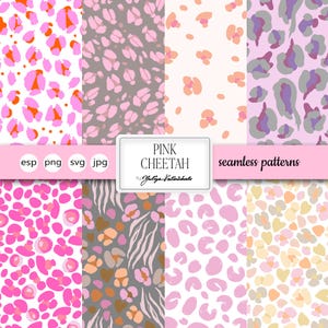 May include: Eight seamless patterns featuring pink cheetah print designs in various shades of pink, orange, and grey. The image includes the text "Pink Cheetah" and "seamless patterns".