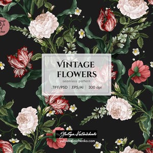 Puede incluir: Un patrón sin costuras con flores vintage en tonos de rosa, rojo y blanco sobre un fondo negro. Las flores incluyen rosas, tulipes y claveles. El patrón es perfecto para crear una estética romántica o vintage.