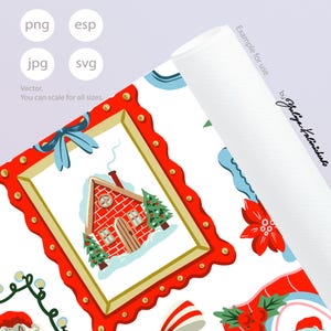 Pu&ograve; includere: Un file di design grafico digitale con una cornice rossa smerlata contenente una casa in mattoni con camino, neve e alberi di pino. Il design include un fiocco blu, una stella di Natale rossa ed elementi festivi. Il testo include png, esp, jpg, svg e Vector.