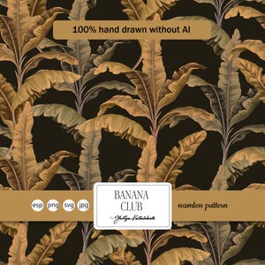 Pode incluir: Padrão sem costura com folhas de bananeira desenhadas à mão em tons de castanho e verde sobre um fundo escuro. O design inclui o texto "BANANA CLUB" e "100% hand drawn without AI".