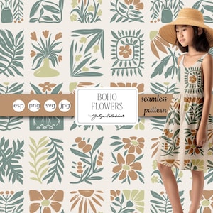 Puede incluir: Patrón floral sin costuras de estilo bohemio, con flores y hojas verdes, marrones y beige. Una joven lleva un vestido con el mismo diseño. El texto "BOHO FLOWERS" es visible. Ideal para diversos proyectos.