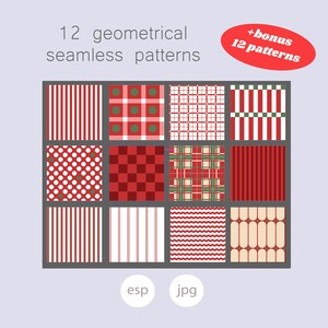 Pu&ograve; includere: Una collezione digitale di 12 motivi geometrici senza cuciture con schemi di colore rosso, bianco e verde, inclusi righe, pois, tartan e disegni a scacchi. Il testo riporta 12 geometrical seamless patterns, +bonus 12 patterns, esp e jpg.