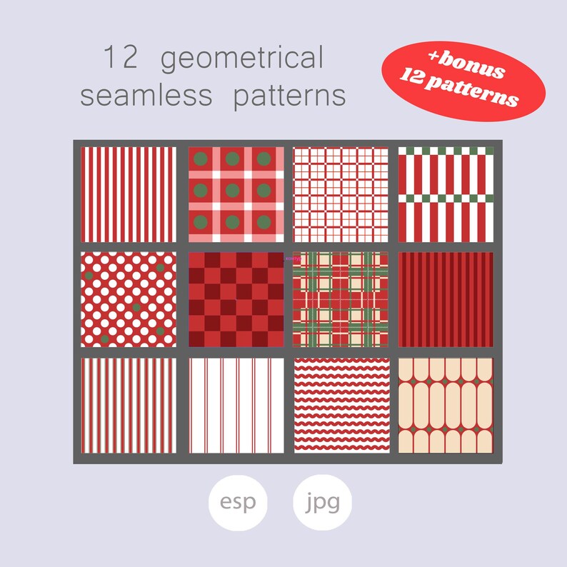 Pu&ograve; includere: Una collezione digitale di 12 motivi geometrici senza cuciture con schemi di colore rosso, bianco e verde, inclusi righe, pois, tartan e disegni a scacchi. Il testo riporta 12 geometrical seamless patterns, +bonus 12 patterns, esp e jpg.