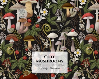 Seamless pattern with mushrooms, berries and leaves. Vector. Light Commercial License.