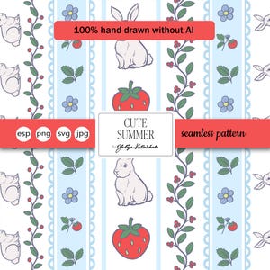 Puede incluir: Un patrón sin costuras con ilustraciones dibujadas a mano de conejos, fresas y flores. El diseño incluye rayas verticales con un patrón repetitivo de los elementos. También está presente el texto "CUTE SUMMER" y "100% hand drawn without AI".