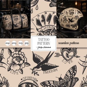 Motivo senza soluzione di continuità con elementi per tatuaggi. SVG. Vettoriale. Licenza commerciale leggera.