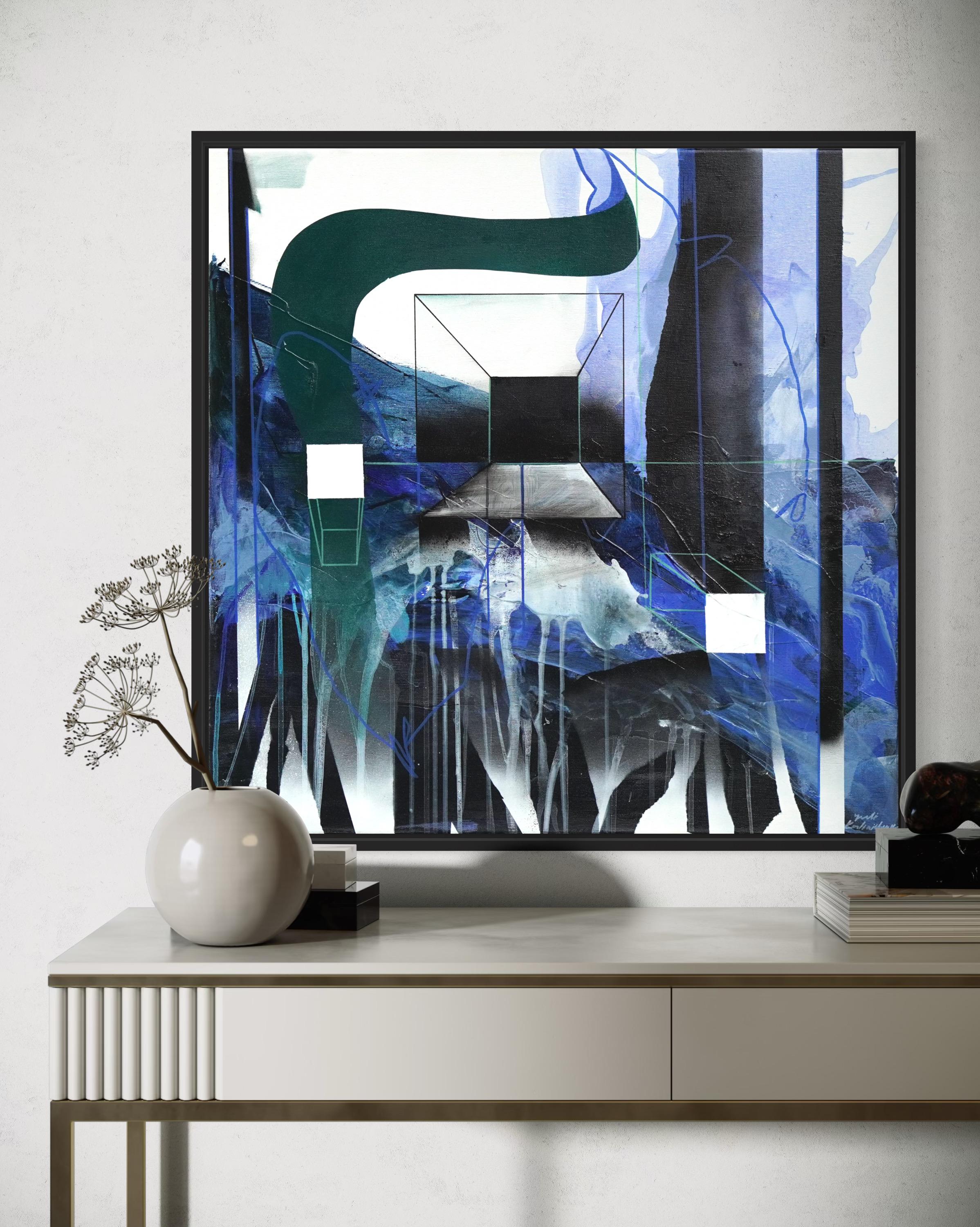青い抽象アクリル画：幾何学的自然と構造 - 60 x 60 cm - Etsy 日本