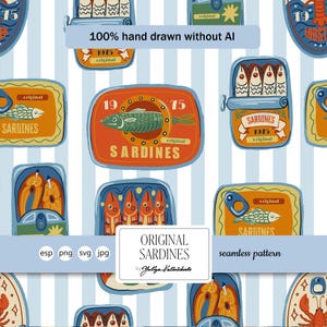 May include: Seamless pattern featuring sardine cans in various designs. The cans are orange, blue, and yellow, with illustrations of fish and the text "Sardines 1975 original." The phrase "100% hand drawn without AI" is also present.