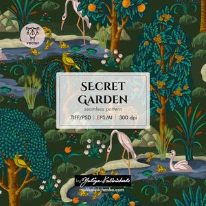 May include: A seamless pattern featuring a secret garden with lush green foliage, blooming flowers, birds, and swans. The pattern is set against a dark green background and includes the text "SECRET GARDEN" and "seamless pattern".
