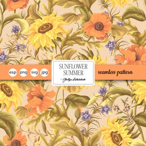 May include: A seamless pattern featuring sunflowers, orange poppies, and small purple flowers on a beige background. The design includes the text "SUNFLOWER SUMMER" and "seamless pattern". The image also includes the file types "esp png svg jpg".