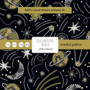 Puede incluir: Patrón sin costuras con temática espacial. El diseño presenta planetas, estrellas y satélites en dorado, blanco y gris sobre un fondo negro. El texto dice "100% hand drawn without AI" y "DECORATIVE SPACE seamless pattern".